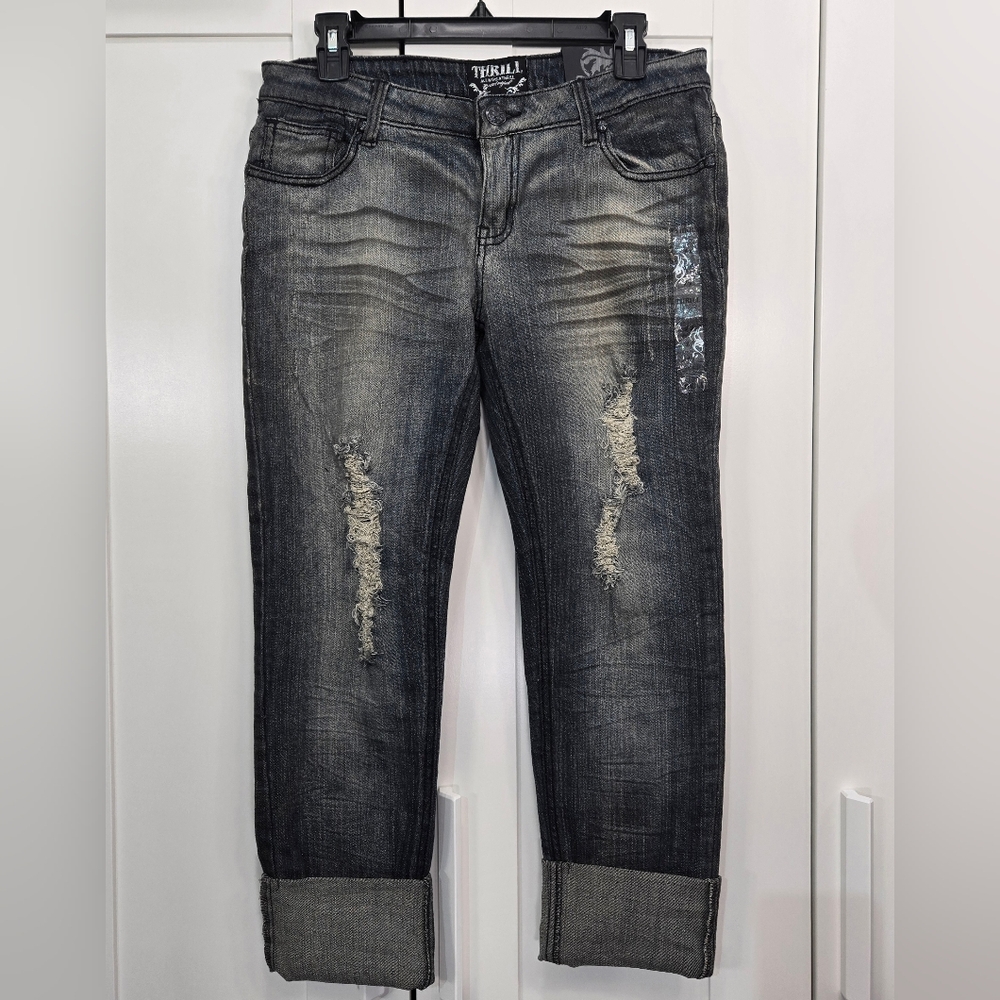 THRILL Black Stonewash Distressed Cropped Jeans With Bedazzled Pockets Sz 11 NWT